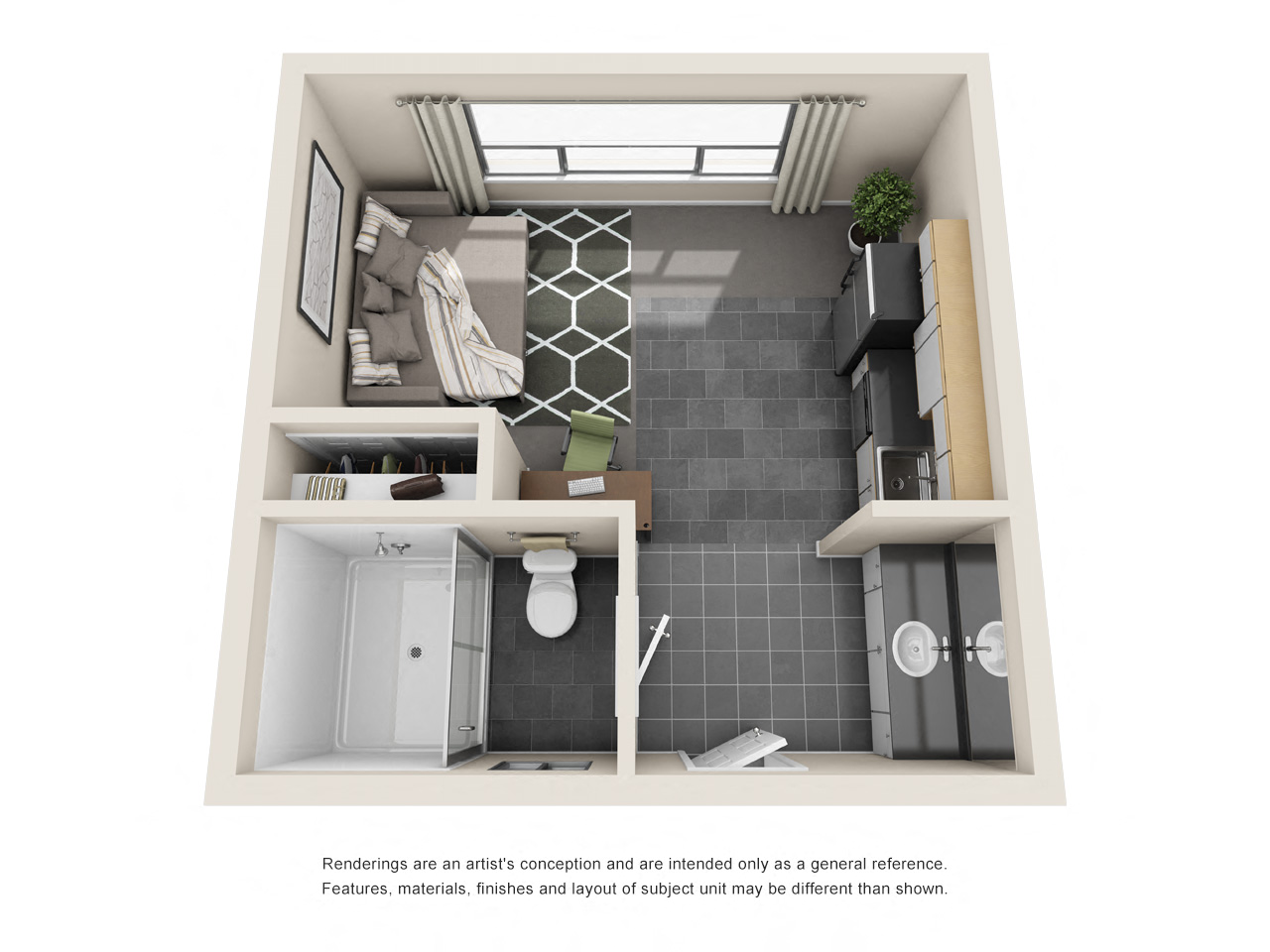 Floor plan for studio, 1 bath, 250 sqft